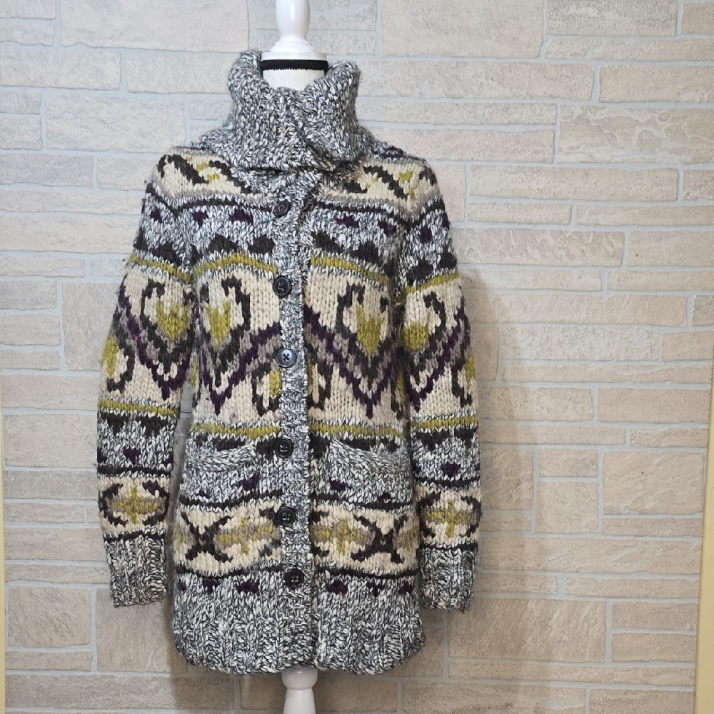 Eddie Bauer Hand Knit Wool Alpaca Cardigan Sweater Jacket Size L Chunky Cozy